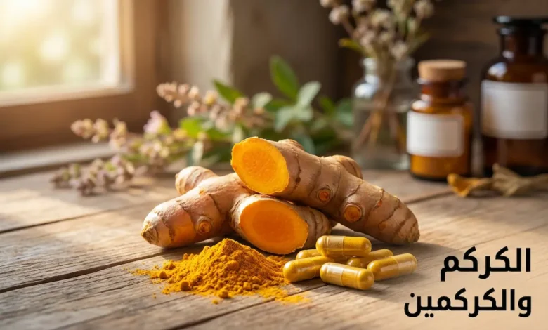 جذمور كركم طازج مقطوع يظهر لونه البرتقالي الذهبي بجانب مسحوق الكركم وكبسولات المكملات الغذائية