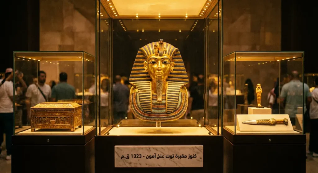  قناع توت عنخ آمون الجنائزي الذهبي الشهير محاط بكنوز أخرى من المقبرة معروضة في واجهات متحفية