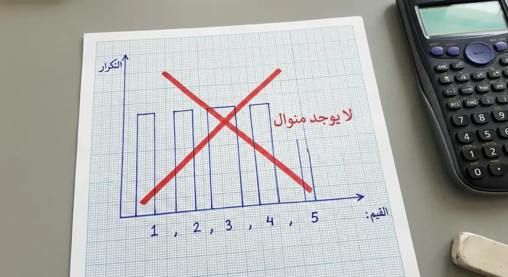 مدرج تكراري بخمسة أعمدة متساوية الارتفاع مع علامة توضح عدم وجود منوال