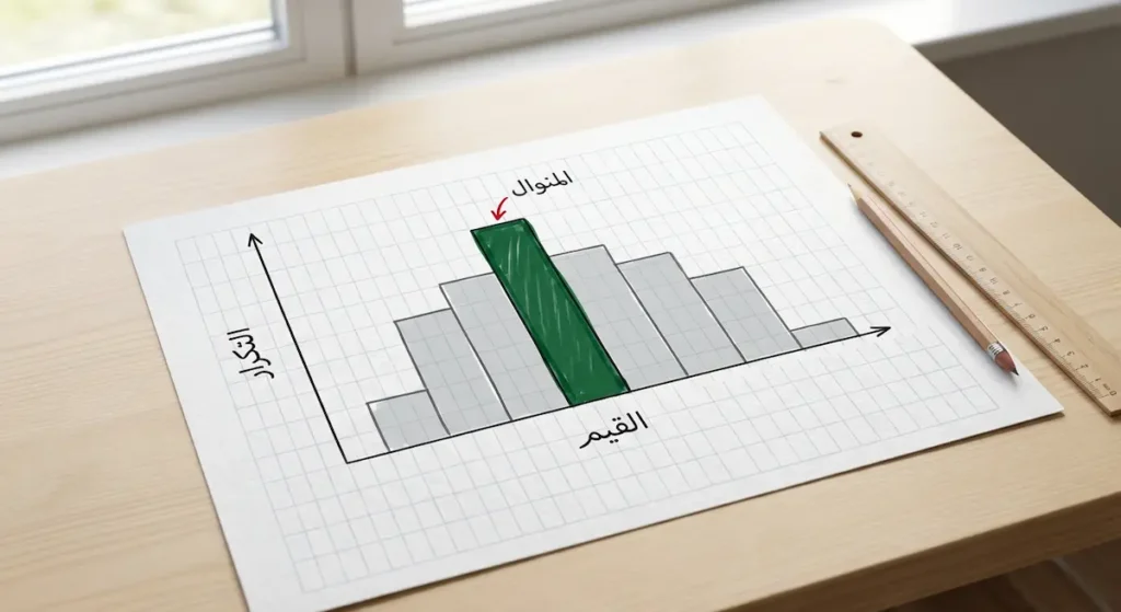  مدرج تكراري بسبعة أعمدة مع عمود أوسط مميز باللون الأخضر يمثل المنوال الوحيد