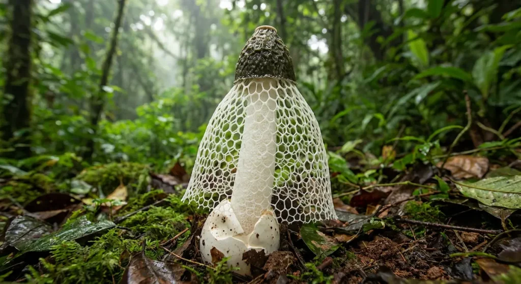 فطر سيدة البرقع بساق أبيض طويل وتنورة شبكية بيضاء متدلية كفستان زفاف في غابة استوائية