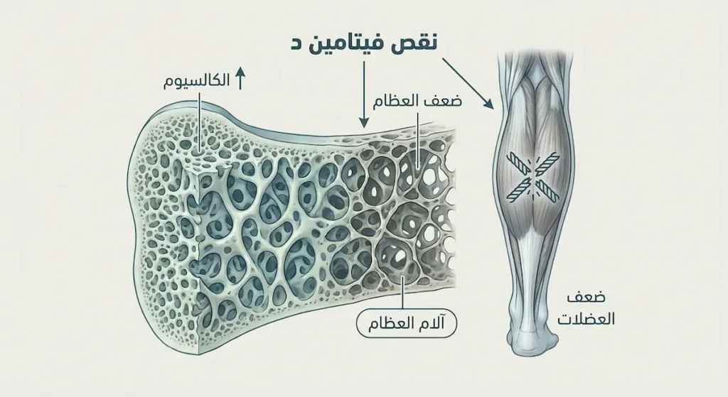 مقطع توضيحي لعظم أقل كثافة مع توضيح ضعف العضلات المرتبط بنقص فيتامين د