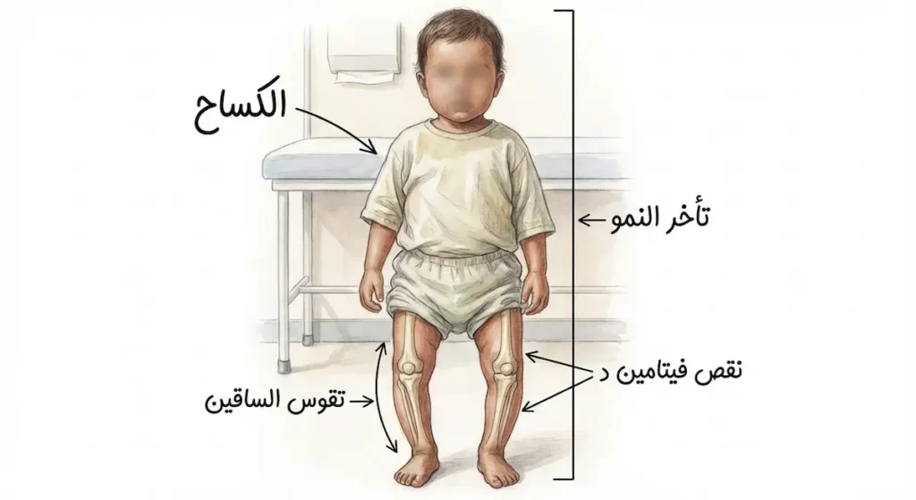 صورة طبية تعليمية لطفل مع توضيح الكساح وتقوس الساقين كأعراض لنقص فيتامين د