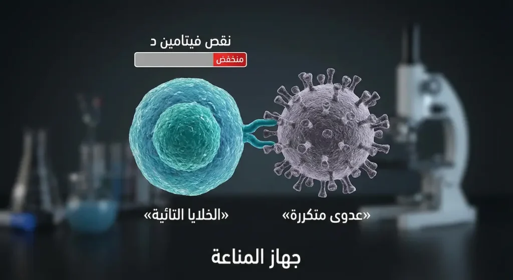 صورة مجهرية توضيحية لخلية تائية مع شرح تأثير نقص فيتامين د على جهاز المناعة