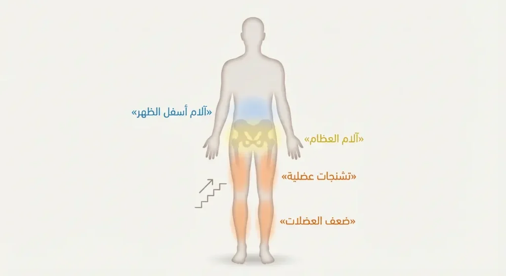 إنفوجرافيك يحدد مناطق آلام أسفل الظهر وآلام العظام وضعف العضلات والتشنجات المرتبطة بنقص فيتامين د