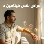 غلاف مقال عن أعراض نقص فيتامين د مع شخص يتعرض لضوء الشمس ورموز توضيحية للعظام والعضلات
