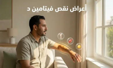 غلاف مقال عن أعراض نقص فيتامين د مع شخص يتعرض لضوء الشمس ورموز توضيحية للعظام والعضلات