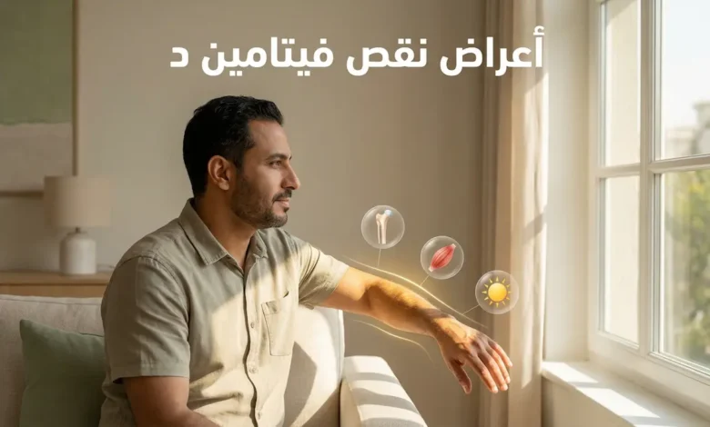 غلاف مقال عن أعراض نقص فيتامين د مع شخص يتعرض لضوء الشمس ورموز توضيحية للعظام والعضلات