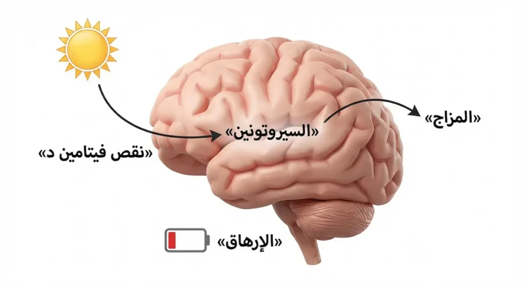 رسم طبي لدماغ مع تسميات الإرهاق والمزاج والسيروتونين لتوضيح أثر نقص فيتامين د