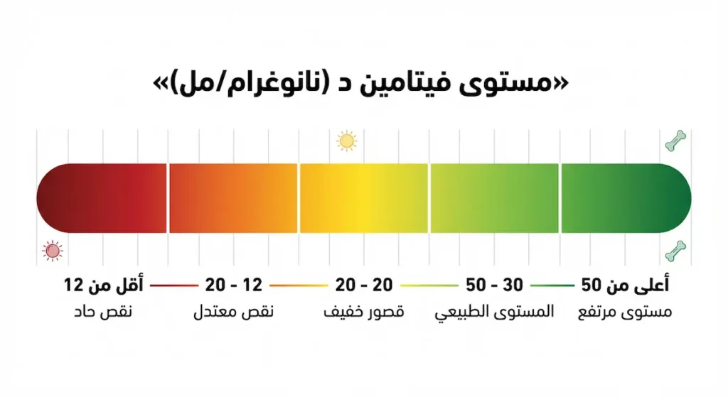 إنفوجرافيك مقياس يوضح نطاقات مستوى فيتامين د (نانوغرام/مل) وتصنيفاتها الطبية