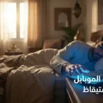 شخص في السرير يمد يده نحو هاتف مضيء بضوء أزرق مع ظهور ضوء صباح طبيعي من النافذة وكلمة “مسك الموبايل عند الاستيقاظ”.