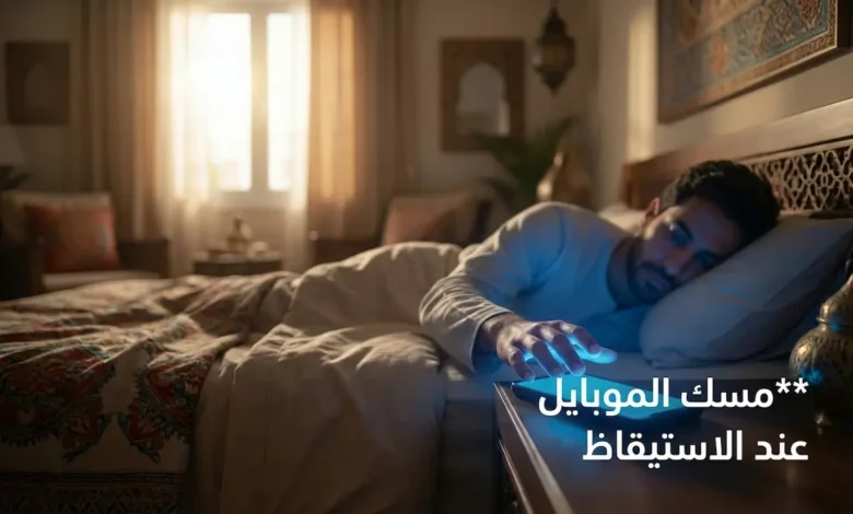 شخص في السرير يمد يده نحو هاتف مضيء بضوء أزرق مع ظهور ضوء صباح طبيعي من النافذة وكلمة “مسك الموبايل عند الاستيقاظ”.