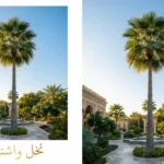 نخلة واشنطن شاهقة الارتفاع بأوراقها المروحية الخضراء الكثيفة تقف في حديقة عربية تحت سماء زرقاء صافية