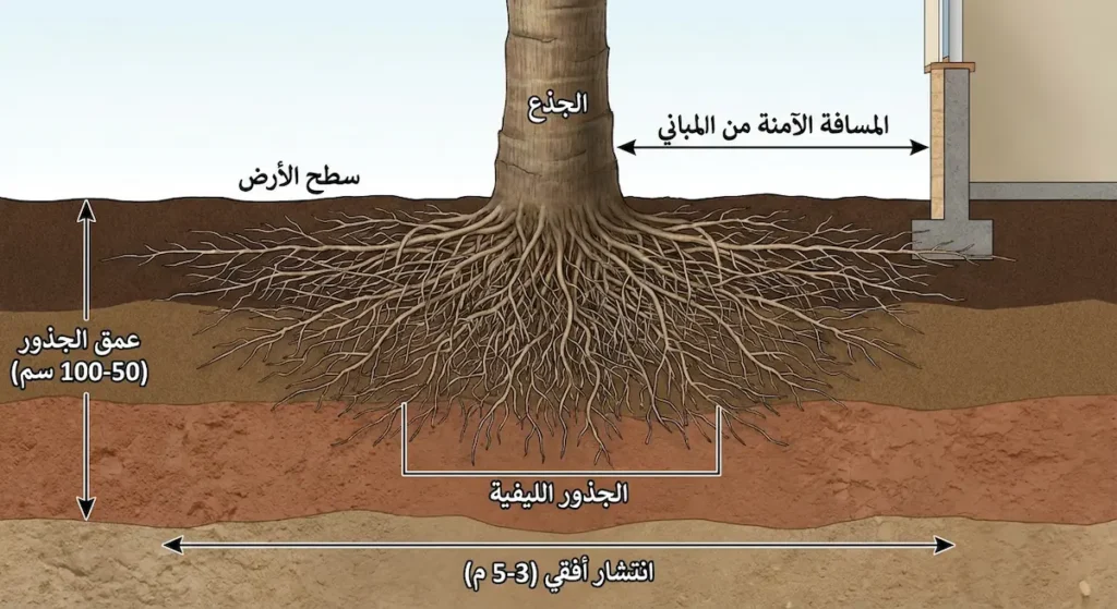 رسم مقطعي يوضح انتشار جذور نخل واشنطن الليفية أفقياً تحت سطح الأرض مع تحديد المسافات الآمنة من المباني