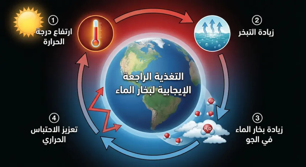  رسم دائري يوضح آلية التغذية الراجعة الإيجابية لبخار الماء في تضخيم التغير المناخي