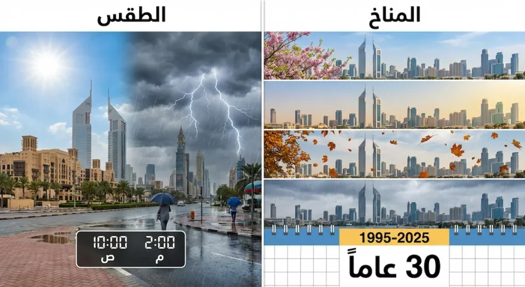 رسم توضيحي يقارن بين الطقس كحالة جوية متقلبة قصيرة المدى والمناخ كمتوسط إحصائي يُقاس على مدى 30 عاماً