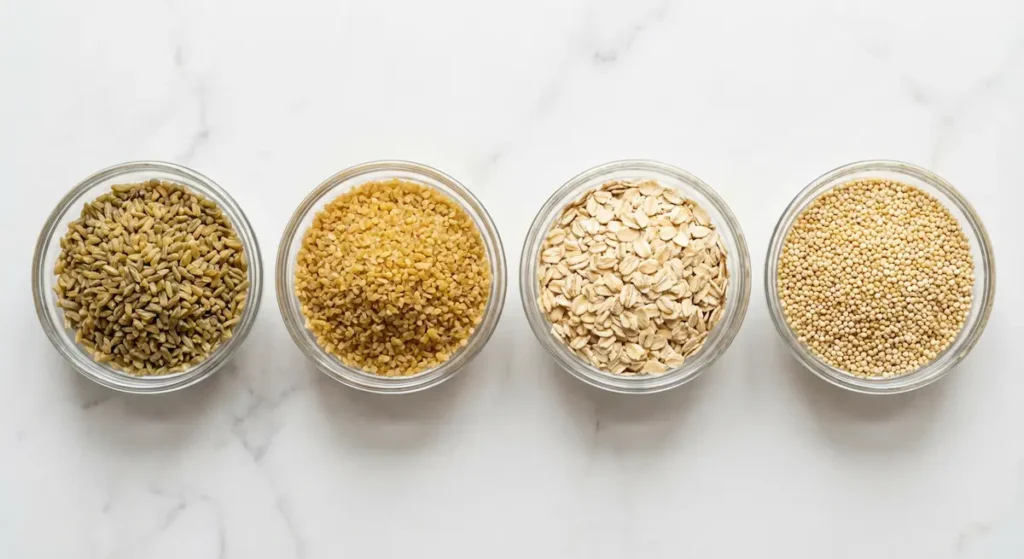 أربعة أنواع من الحبوب الكاملة في أوعية زجاجية: الكينوا والشوفان والبرغل والفريكة، مصادر بروتين وطاقة