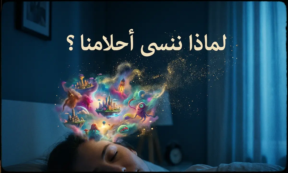 رسم توضيحي لرأس إنسان نائم تتبخر أحلامه مع نص بالعربية لماذا ننسى أحلامنا.