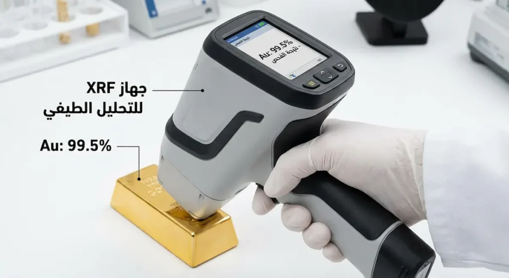 جهاز تحليل XRF محمول يفحص سبيكة ذهب ويعرض نسبة النقاء على شاشته الرقمية