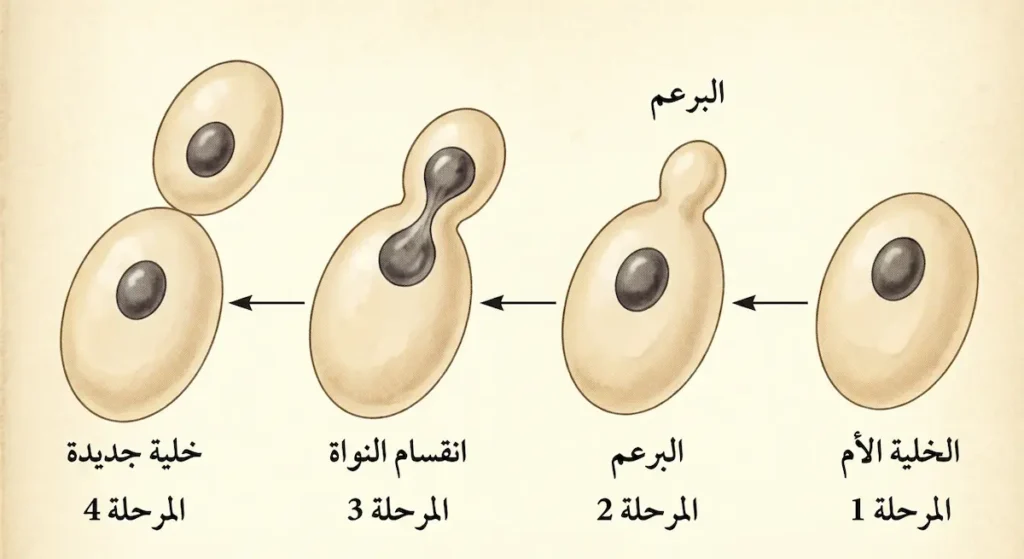 مراحل التبرعم في خلية الخميرة من الخلية الأم إلى انفصال الخلية الجديدة
