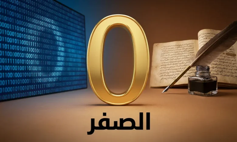 صورة غلاف تُظهر رقم الصفر العربي الذهبي محاطاً بعناصر من التراث العلمي العربي والتكنولوجيا الرقمية الحديثة