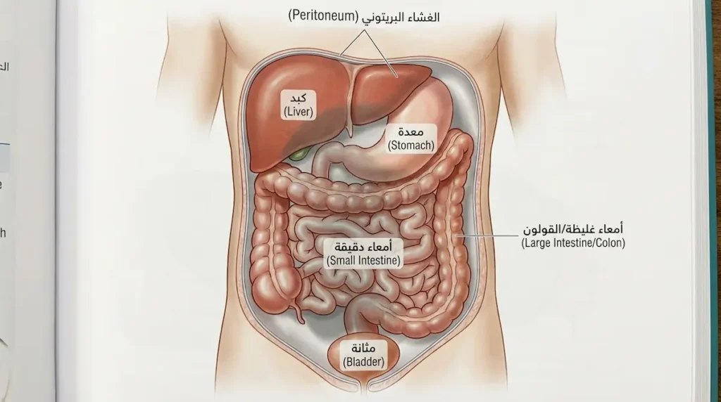 رسم تشريحي واقعي لتجويف البطن يُظهر المعدة والأمعاء الدقيقة والأمعاء الغليظة والكبد والمثانة والغشاء البريتوني مع تظليل يوضح انتشار الألم في كامل البطن