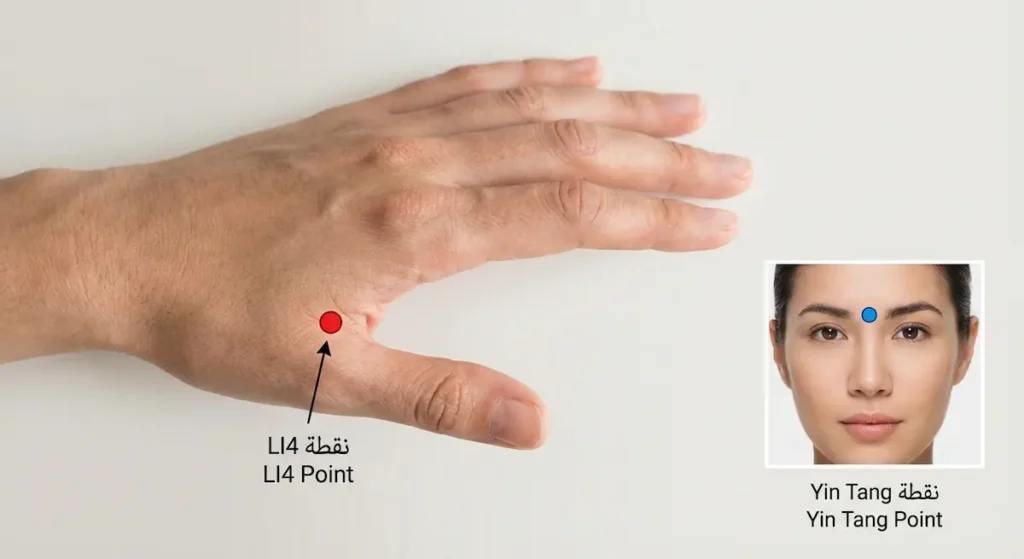 صورة توضح موقع نقطتي الضغط الإبري LI4 في اليد وYin Tang بين الحاجبين لعلاج الصداع