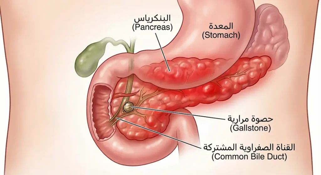 رسم تشريحي يُظهر البنكرياس الملتهب وحصوة مرارية تسد القناة الصفراوية المشتركة