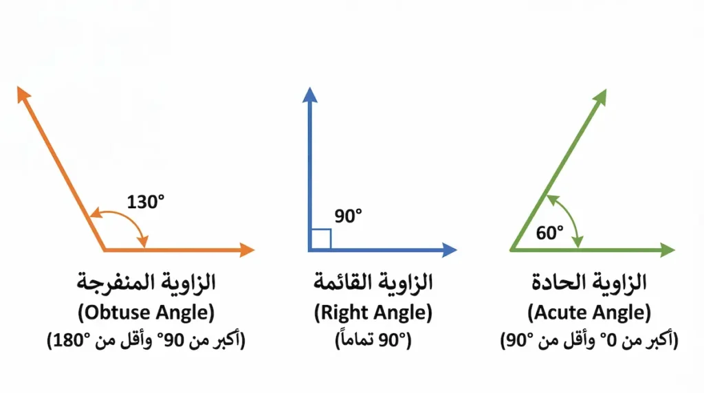 رسم يوضح ثلاثة أنواع من الزوايا مرتبة من اليمين إلى اليسار: الزاوية الحادة أقل من 90 درجة، والزاوية القائمة تساوي 90 درجة، والزاوية المنفرجة أكبر من 90 درجة وأقل من 180 درجة