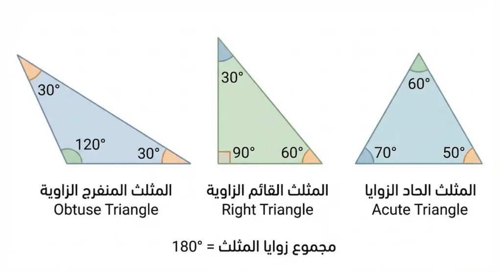 رسم يوضح ثلاثة أنواع من المثلثات: المثلث الحاد الزوايا وجميع زواياه أقل من 90 درجة، والمثلث القائم الزاوية يحتوي زاوية 90 درجة، والمثلث المنفرج الزاوية يحتوي زاوية أكبر من 90 درجة