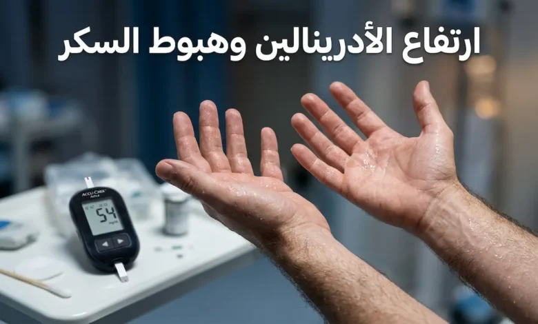 يدان بشريتان مرتجفتان مع قطرات عرق دقيقة وجهاز قياس سكر الدم في الخلفية وعنوان ارتفاع الأدرينالين وهبوط السكر
