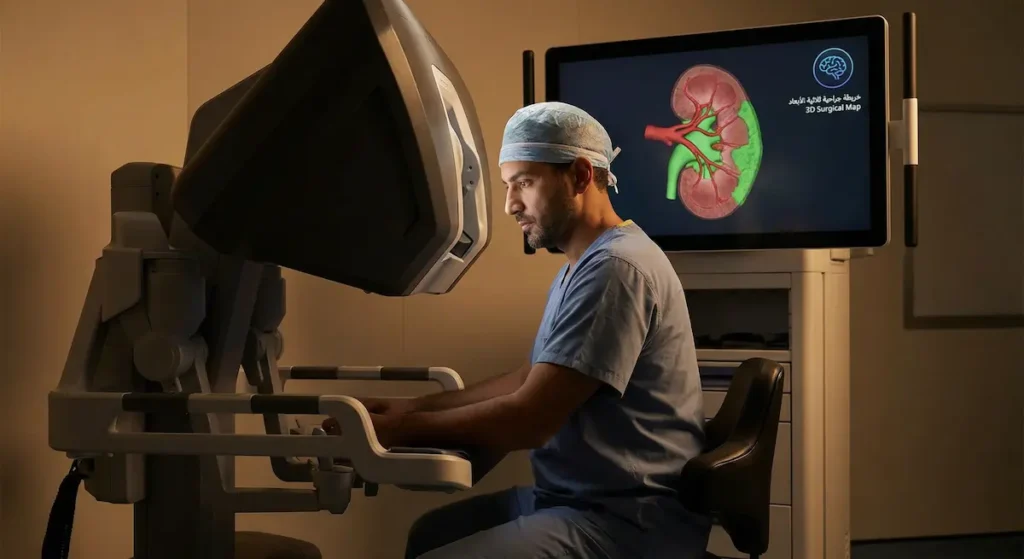 جراح ينظر إلى شاشة وحدة تحكم تعرض نموذجاً ثلاثي الأبعاد ملوناً لكلية بشرية أنشأه الذكاء الاصطناعي كخريطة جراحية تحدد المناطق الآمنة والخطرة