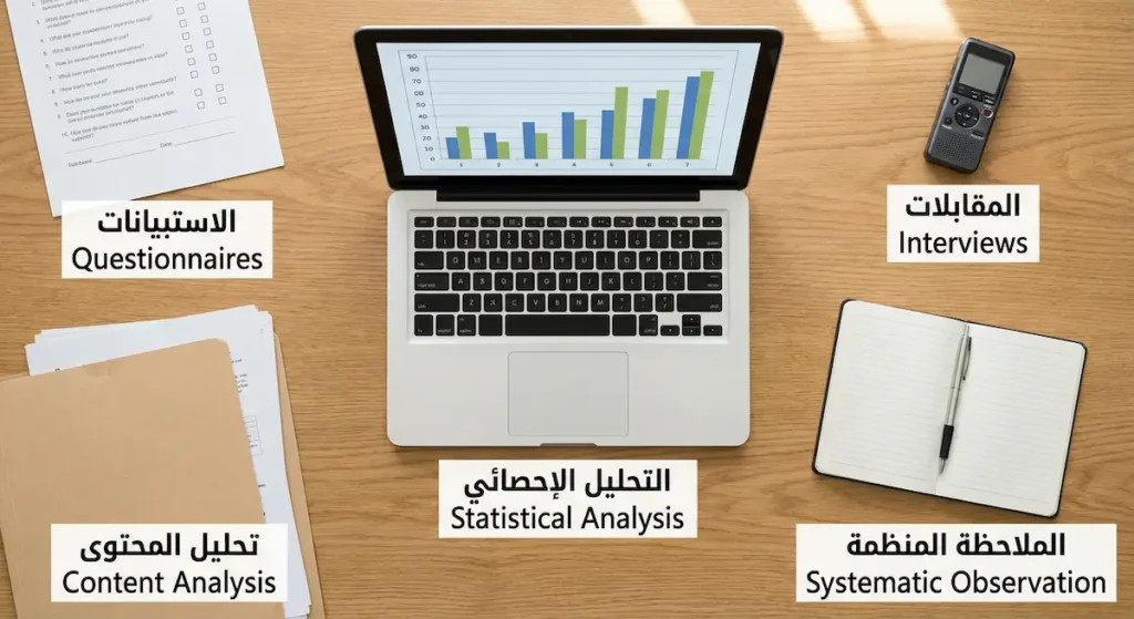 مكتب باحث يضم أدوات جمع البيانات التحليلية المختلفة من استبيانات ومقابلات وتحليل محتوى وملاحظة منظمة وتحليل إحصائي