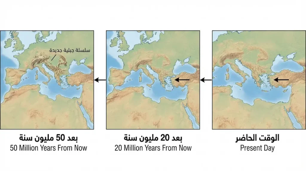 ثلاث لوحات تُظهر التطور المتوقع لجغرافيا المنطقة من الوقت الحاضر إلى بعد 50 مليون سنة مع تقلّص البحر المتوسط واقتراب إفريقيا من أوروبا