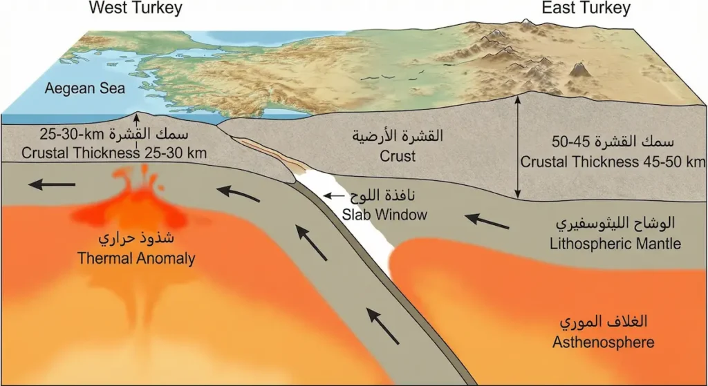 مقطع عرضي يُظهر تباين سمك القشرة الأرضية تحت صفيحة الأناضول من الشرق السميك إلى الغرب الرقيق مع الشذوذ الحراري ونافذة اللوح
