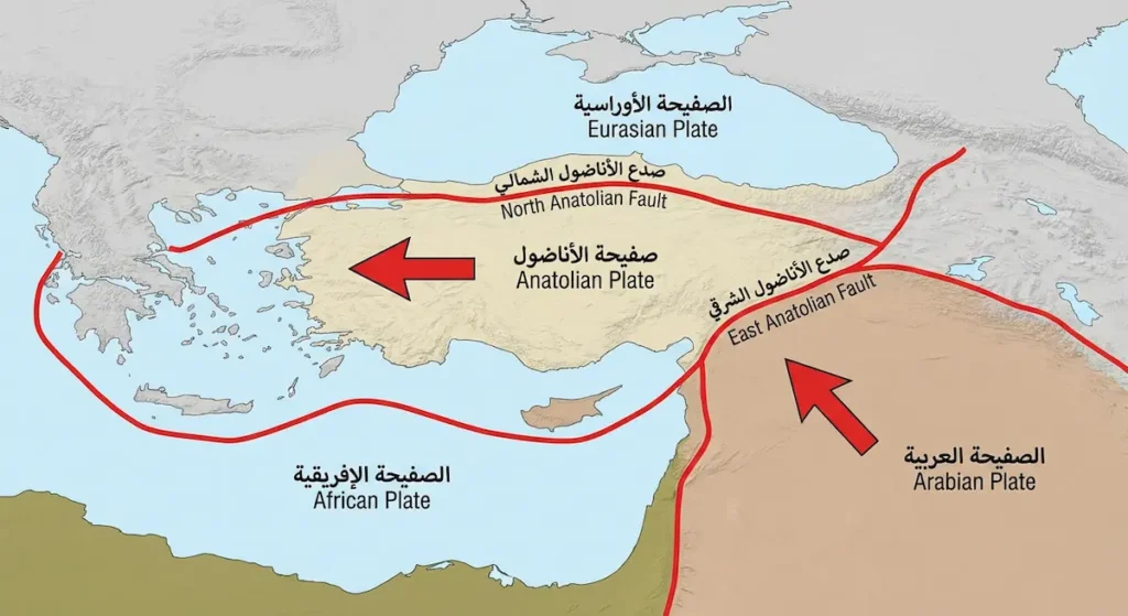 رسم توضيحي علمي يُظهر صفيحة الأناضول محاصرة بين الصفيحة الأوراسية شمالاً والصفيحة العربية جنوباً والصفيحة الإفريقية غرباً مع أسهم توضح اتجاه الضغط والحركة