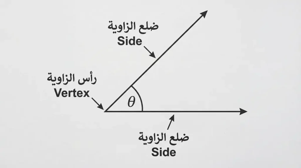 رسم هندسي يوضح مكونات الزاوية: رأس الزاوية وهو نقطة التقاء الشعاعين، وضلعا الزاوية وهما الشعاعان المنطلقان من الرأس، مع قوس يمثل الزاوية ورمزها θ