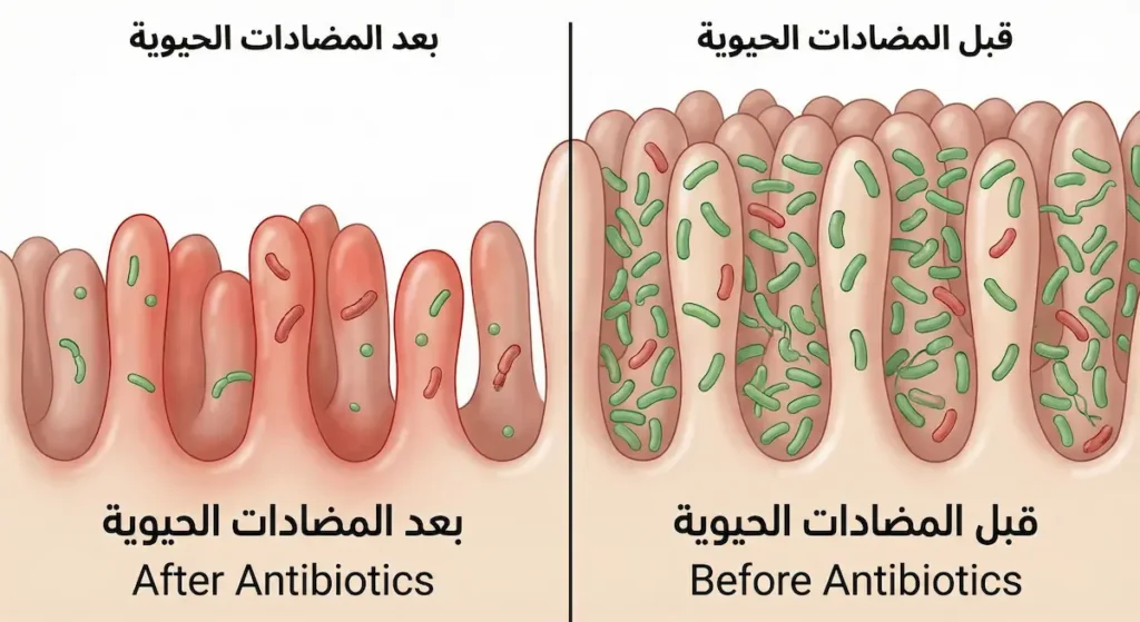رسم توضيحي يقارن بين بطانة الأمعاء قبل وبعد تناول المضادات الحيوية يُظهر فقدان البكتيريا النافعة واختلال التوازن الميكروبي