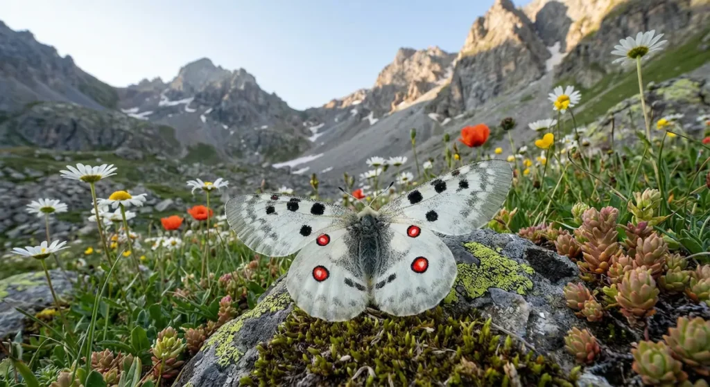 فراشة أبوللو بيضاء شفافة مع بقع حمراء وسوداء في مرج جبلي