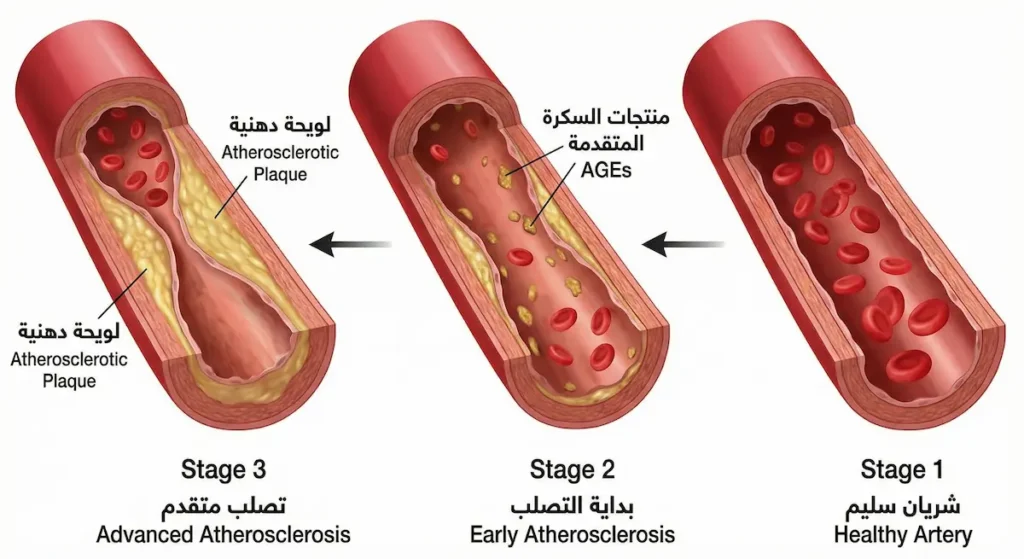 ثلاث مراحل متتالية لتصلب الشرايين من شريان سليم إلى ترسّب منتجات السكرة المتقدمة ثم تكوّن لويحة دهنية تُضيّق مجرى الدم