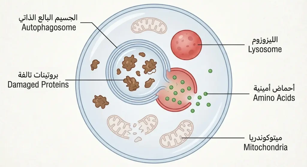  رسم توضيحي لعملية الالتهام الذاتي داخل الخلية، يُظهر ابتلاع البروتينات التالفة وهضمها وإعادة تدوير مكوناتها
