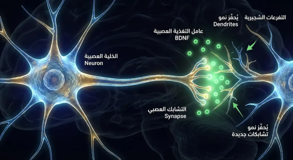 رسم توضيحي لخليتين عصبيتين متصلتين عبر تشابك عصبي، مع جزيئات BDNF التي يُحفّزها الصيام