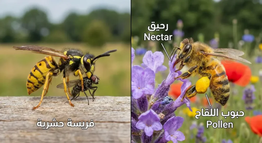  مقارنة غذائية تُظهر نحلة تجمع الرحيق وحبوب اللقاح من زهرة ودبوراً يصطاد حشرة صغيرة