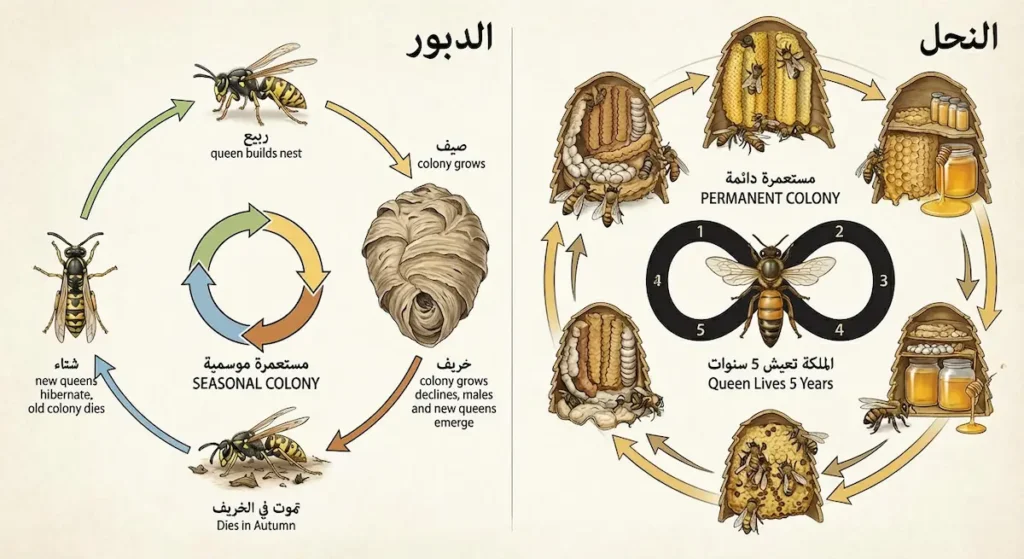  رسم توضيحي يقارن بين دورة حياة مستعمرة النحل الدائمة التي تستمر لسنوات ومستعمرة الدبور الموسمية التي تنتهي في الخريف