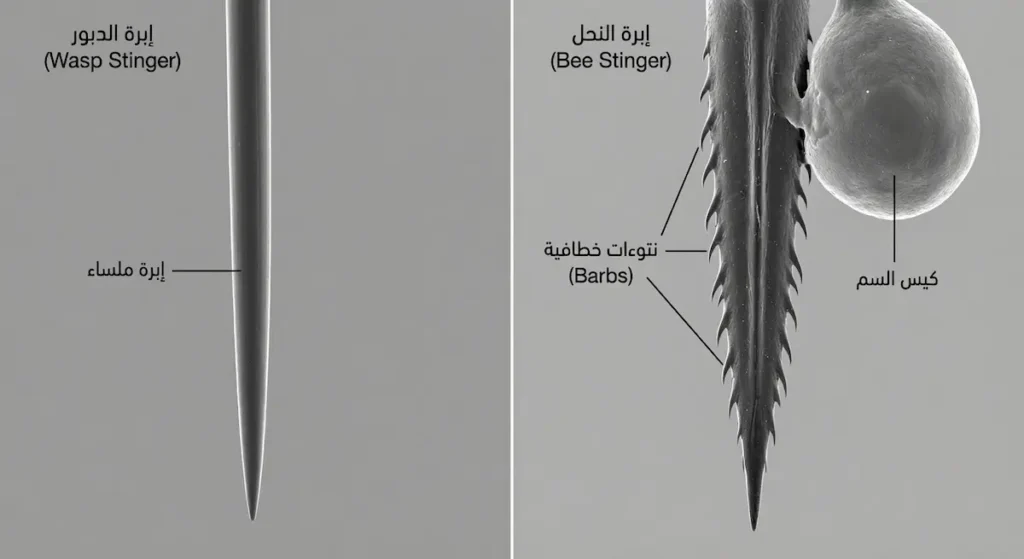  صورة مكبرة تقارن بين إبرة النحل ذات النتوءات الخطافية وكيس السم وإبرة الدبور الملساء