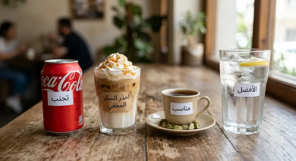 أربعة مشروبات مرتبة من الأفضل إلى الأسوأ لمريض السكري وهي الماء ثم القهوة العربية ثم القهوة المختصة المحلاة ثم المشروب الغازي