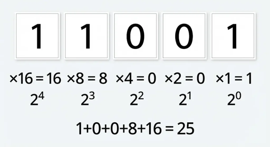  رسم توضيحي يُظهر تحويل العدد الثنائي 11001 إلى العدد العشري 25 باستخدام قوى العدد 2