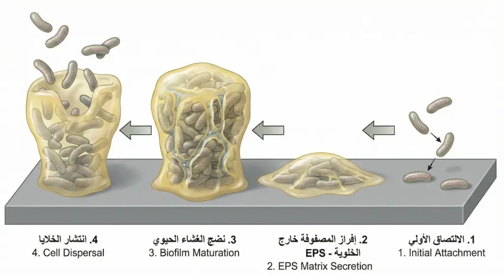 رسم توضيحي يعرض أربع مراحل لتكوّن الغشاء الحيوي البكتيري من الالتصاق الأولي إلى إفراز المصفوفة ثم النضج وأخيراً انتشار الخلايا