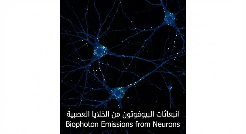 صورة مجهرية فلورية لخلايا عصبية بشرية تُظهر نقاطاً متوهجة تمثل انبعاثات البيوفوتون أثناء النشاط العصبي