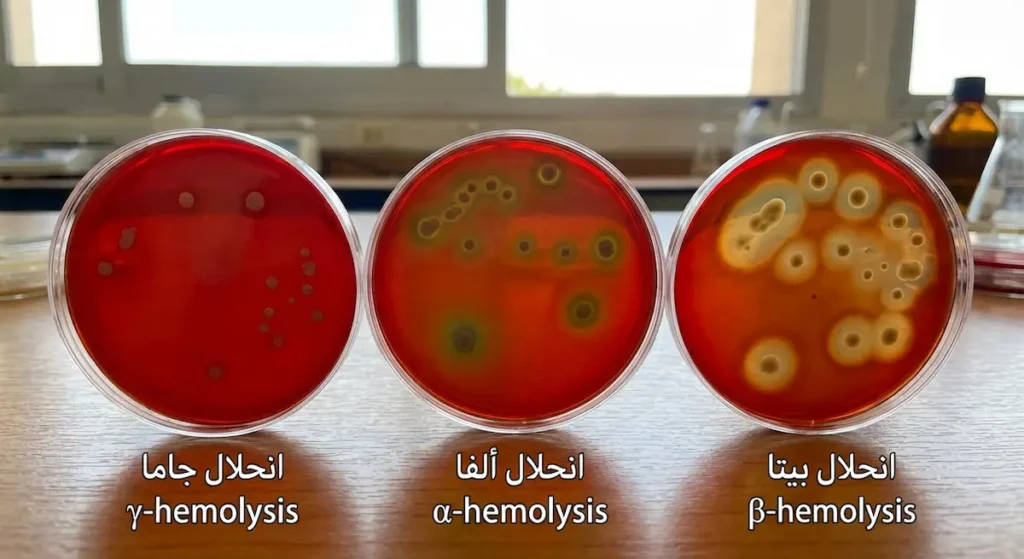 ثلاثة أطباق آجار دم تُظهر أنماط انحلال الدم الثلاثة: بيتا (تحلّل كامل)، ألفا (تحلّل جزئي بلون أخضر)، وجاما (لا انحلال)